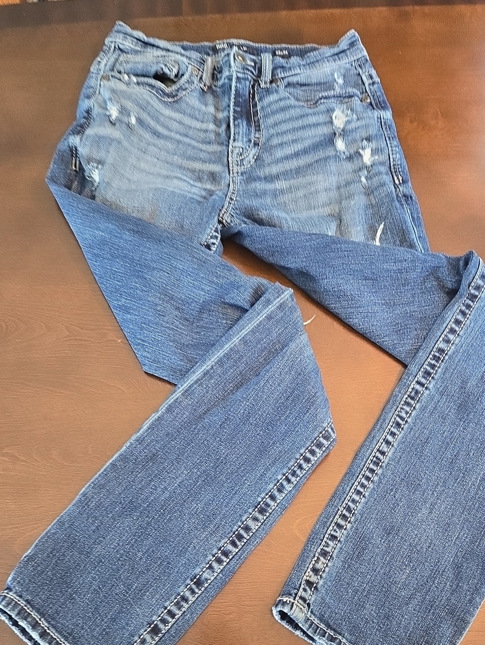 BKE Women's Distressed Indigo Straight Leg Jeans